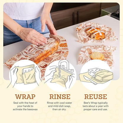 Bee's Wrap Beeswax Wraps for Food - 3 Pack of Assorted Beeswax Wraps - Small, Medium & Large Wrap - Plastic Free Made in USA Reusable Natural Food Wrap - Bakery Lane Print