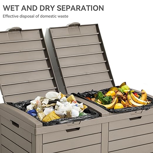 YITAHOME Outdoor Resin-Based Dual Compartment Trash Bins, 76 Gallon Capacity, Easy-to-Clean Hideaway Garbage Cans with Lid and Drip Tray (Light Brown)