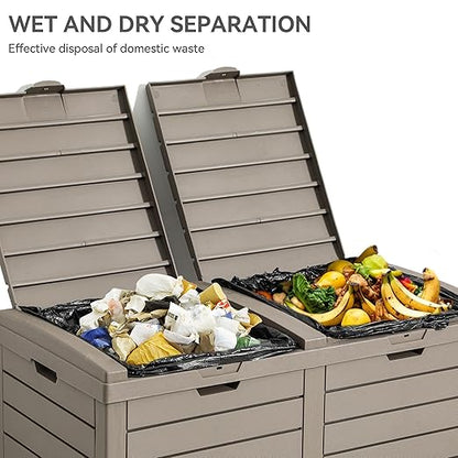 YITAHOME Outdoor Resin-Based Dual Compartment Trash Bins, 62 Gallon Capacity, Easy-to-Clean Hideaway Garbage Cans with Lid and Drip Tray (Light Brown)