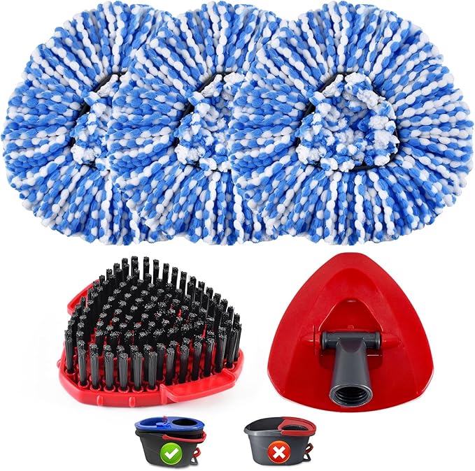 Mop Heads Replacements for Ocedar, Spin Mop Replacement for O-Cedar EasyWring 2 Tank System Mop Refills, Include 3 Pack Heads, 1 Scrub Brush & 1 Base Combo