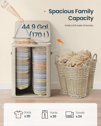 SONGMICS HOME Laundry Hamper with Lid, 2 Section Laundry Basket with Removable Liners and Handles, Foldable Clothes Sorter for Bedroom, Bathroom, Beige