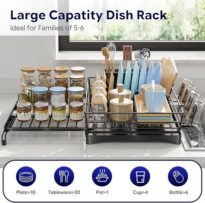 Simple Trending Dish Rack - Adjustable Dish Drying Rack for Kitchen Counter, Large Capacity Dish Drainers, Stainless Steel Dish Strainer with Utensil & Cup Holders, Black