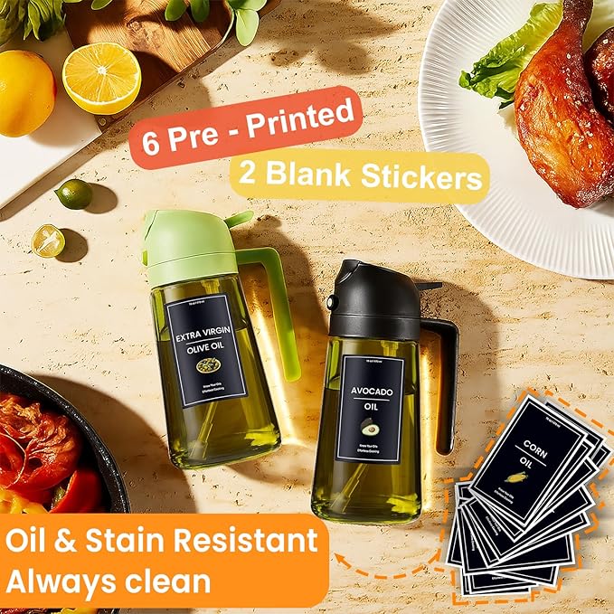 CXINYI - 16oz/470ml Olive Oil Dispenser for Kitchen with Stickers - 2 in 1 Olive Oil Sprayer for Cooking, Air Fryer, and Salad, Black&Blue (Light-Proof Kitchen Gadget)