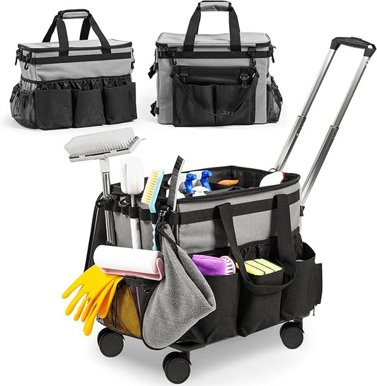 Large Rolling Cleaning Caddy Bag w/Detachable Trolley & Lid - Portable Cleaning Cart on Wheels w/Shoulder Strap & Waist Pouch - Cleaning Supplies & Tool Organizer for Home, Office, Car (Gray)