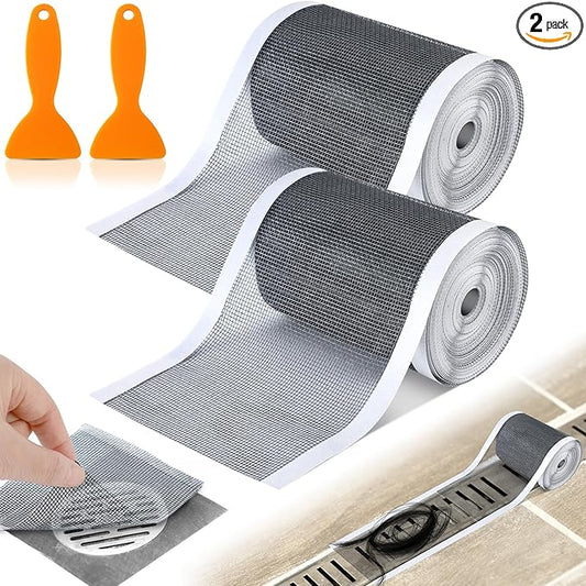 2 Pack 4 Inch x 33 ft Linear Shower Drain Hair Catcher Screen Disposable Adhesive Cutable Mesh Shower Drain Cover Stickers for Linear DIY Floor with Removal Tool for Bathroom Kitchen Bathtub