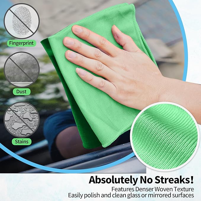 Microfiber Cleaning Cloth, 10 Pack Glasses Cleaning Cloth, 16" ×14" Window Cleaning Rags, Streak Free Lint Free Polishing Cloths Wipes for Eye Glass Stainless Steel Windshield, Sage Green