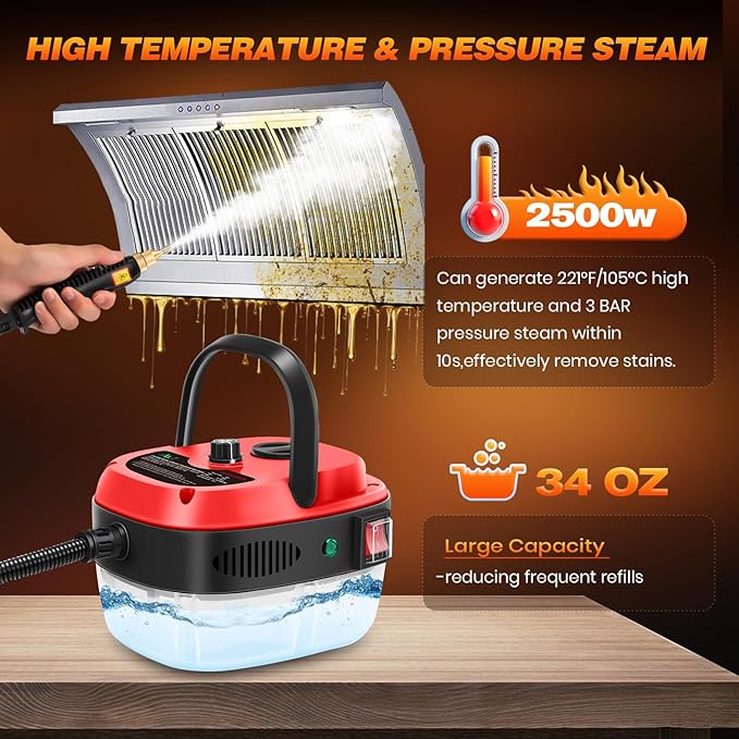 Sakerplus 2500W Handheld Steam Cleaner, 10S Rapid Heating Steamer with 6 Adjustable Levels, 36oz Large Capacity Water Tank, Portable High-Power Steam Cleaner for Home, Kitchen, Bathroom, Floor, Car