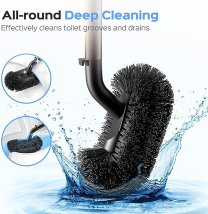 HAMITOR Toilet Plunger and Brush Set: 2 in 1 Stainless Steel Combo with Curved Bristles - Heavy Duty Toilet Unclogging for Family Bathroom - Compact Hideaway Apartment Cleaning Accessories - Black