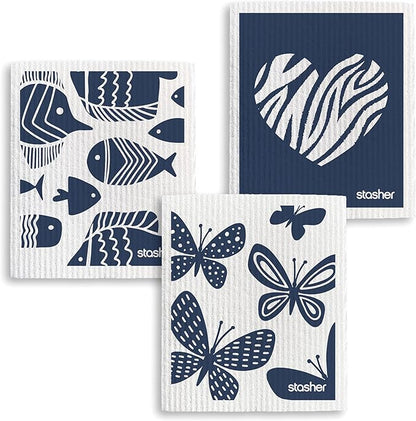 Stasher Swedish Dishcloths for Kitchen, 3-Pack Reusable Dish Cloths, Super Absorbent, Soft, Washable, Biodegradable, Paper Towel Alternative, Quick Drying, Dishwasher Safe, Animal Print, 7" x 8"