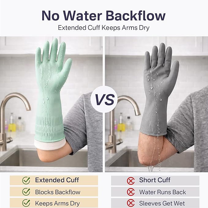 Cleaning Rubber Gloves, Waterproof Non-Slip Long Cuff Dishwashing Household Kitchen Gloves