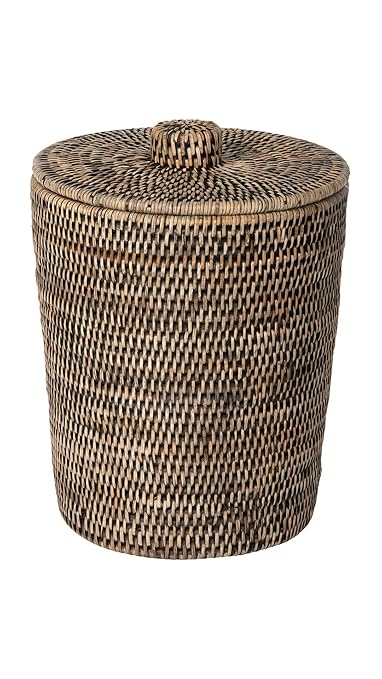 Kouboo La Jolla Rattan Round Waste Basket with Lid & Plastic Insert Black Wash