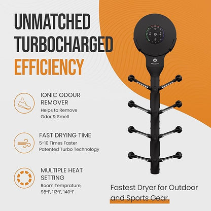 Hedgehog Portable Shoe Dryer and Deodorizer for Sneakers Wall Mounted, Gloves & Mittens, Rapid 4 Pair Shoes Dryer, Turbocharged Drying, Silent & Tornado Mode, Adjustable Heat Blower, Black