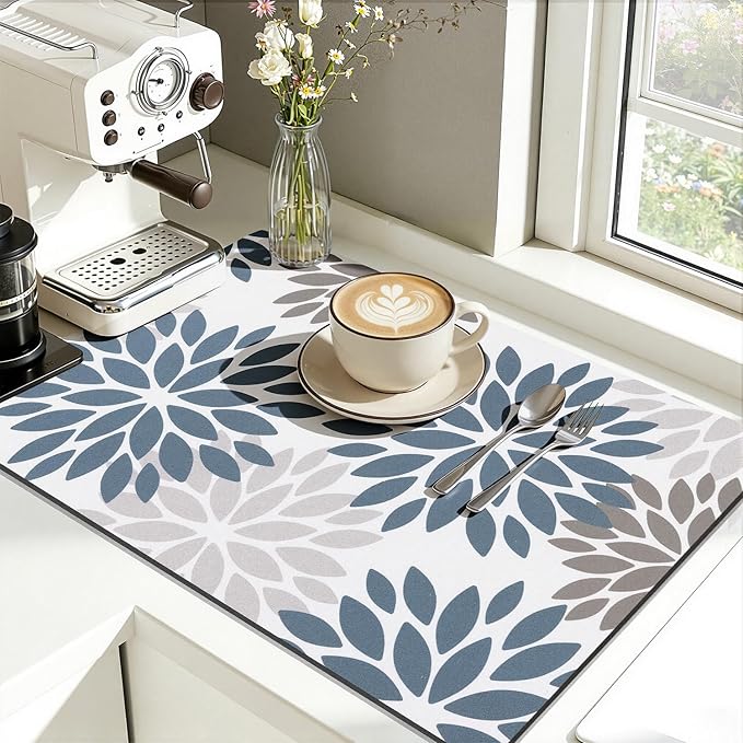 Findosom Floral Dish Drying Mat, 16" x 24" Super Absorbent & Hide Stain Coffee Mat, Cuttable Drying Mat for Kitchen Counter, Under Dish Rack, Coffee Maker, Espresso Machine, Blue