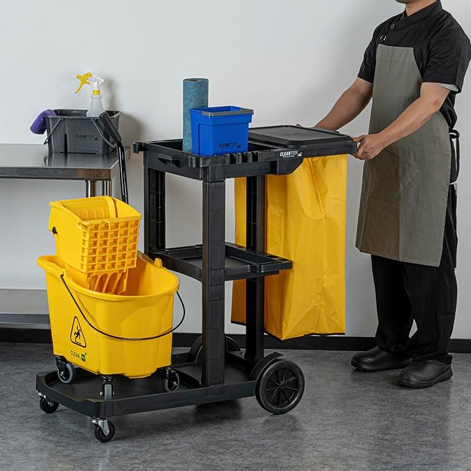 Restaurantware-Clean Tek Professional Janitor Cart with Wheels, 1 Cleaning Trolley with Cover and 18 Gallon Bag - 3 Shelves, Heavy-Duty, Black Plastic Commercial Janitorial Cart, for Restaurants
