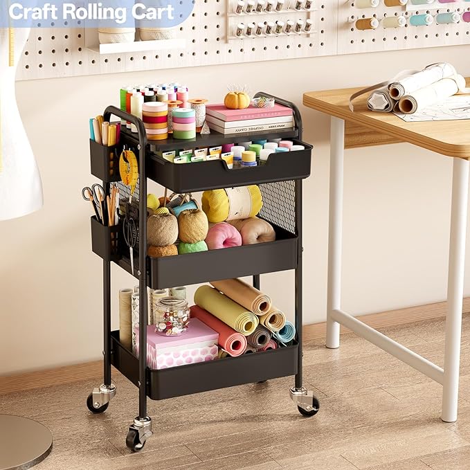 3 Tier Metal Rolling Utility Cart with Drawer & Pegboard - Multifunctional Storage Cart on Wheels with Tabletop, Hooks & Basket, Sturdy Craft & Art Cart for Bathroom, Bedroom, Children Room, Black