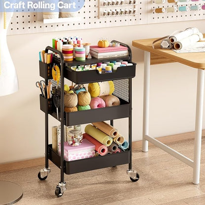 3 Tier Metal Rolling Utility Cart with Drawer & Pegboard - Multifunctional Storage Cart on Wheels with Tabletop, Hooks & Basket, Sturdy Craft & Art Cart for Bathroom, Bedroom, Children Room, Black