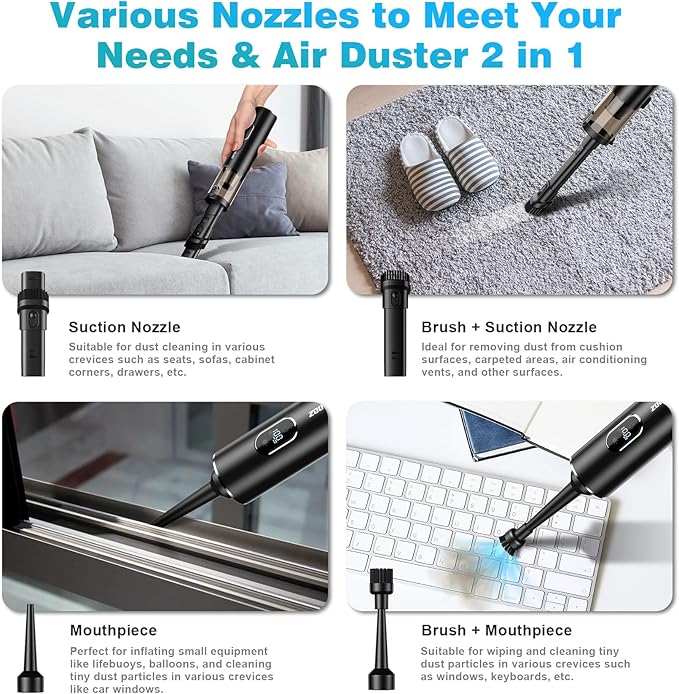 Upbooz Car Vacuum, Handheld Vacuum Cordless with 14000PA Powerful Suction with LED Light, Air Duster 2-in-1,Low Noise Rechargeable Portable Vacuum Cleaner for Car Home Pet Office