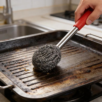 2PCS Steel Wool Scrubber with Handle Rustproof, Cast Iron Scrubber, Stubborn Messes Pot Brush, Remove Dirt for Cleaning Stoves,Sinks Dishes Grills Bowls & Metal Wire Sponge for Kitchens,Bathroom