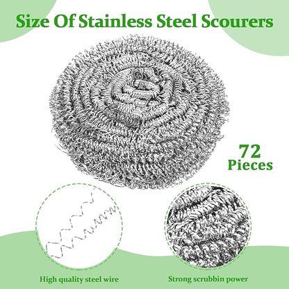 72 Pieces Stainless Steel Scrubber Bulk Steel Wool Scrubber Metal Sponge Wire Scouring Pad Heavy Duty Clean Dish Pot Pan and Oven for Kitchen, Bathrooms, and More