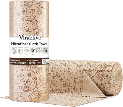 Microfiber Cleaning Cloth Roll, 50 Tear-Away Sheets, Reusable & Washable, Lint-Free, Non-Scratch Super Absorbent Rags for Kitchen, Home, Windows & Screens, Cute Brown Bear Pattern, 12x12 in