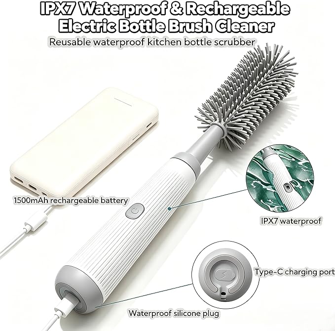 Electric Bottle Brush Set, 6-in-1 Electric Cleaning Brush with Waterproof Silicone Cleaner, 3 Replaceable Brush Heads, Straw Brush & Extension Rod, for Baby Feeding Supplies and Kitchen Utensils