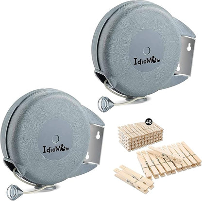 Pack of 2 Retractable Clothesline 40 Feet with 48 Clothes Pins | Heavy Duty Laundry Line Retractable | PVC Clothes line Retracting Indoor Outdoor Clothesline | Clothes Drying Line Wall Mount
