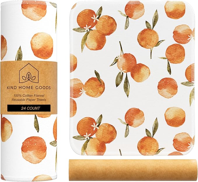 Reusable Paper Towels (12"x10”) - Soft Absorbent 100% Washable Paper Towels - Reusable Paper Towels Washable w/Cardboard Roll - Reusable Napkins (Satsumas - 24 piece, 12x10inch)
