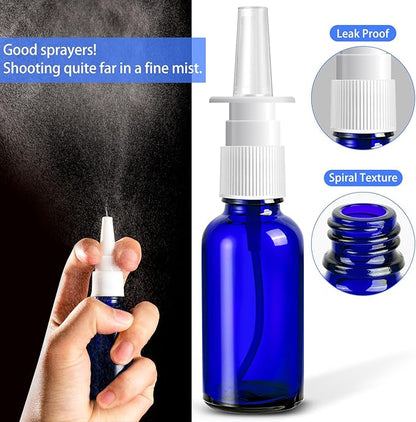 40 Pcs Nasal Spray Bottles, 30ML/1oz Blue Glass Refillable Fine Mist Empty Nasal Spray Bottle with 8 Funnels and 8 Labels