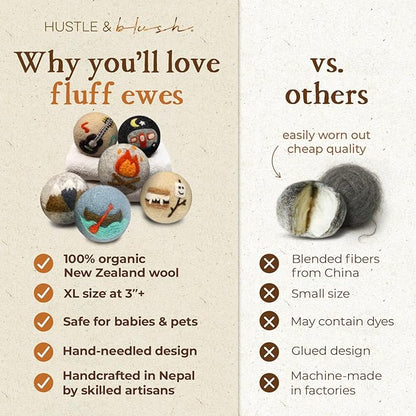Fluff Ewes Wool Dryer Balls 6 Pack Premium New Zealand Wool Laundry Balls for Dryer, No Static Dryer Balls Laundry Reusable, XL Wool Dryer Balls Cute, Baby Dryer Balls for Dryers - are We There Yet