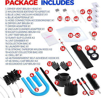 Holikme Dryer Vent Cleaner Kit Dryer Cleaning Tool Include Dryer Vent Brush, Omnidirectional Blue Dryer Lint Vacuum Attachment Dryer Lint Trap Brush, Vacuum & Dryer Adapters