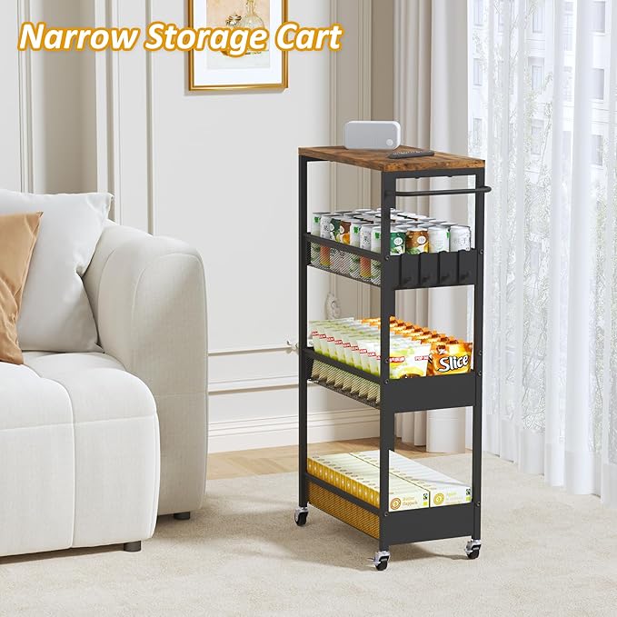 9.1" Wide Slim Rolling Utility Cart, 4 Tier Metal Narrow Storage Cart with Handle and Wood Top, Multifunctional Small Mobile Shelf Unit Organizer Trolley for Laundry, Bathroom, Kitchen