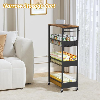 9.1" Wide Slim Rolling Utility Cart, 4 Tier Metal Narrow Storage Cart with Handle and Wood Top, Multifunctional Small Mobile Shelf Unit Organizer Trolley for Laundry, Bathroom, Kitchen