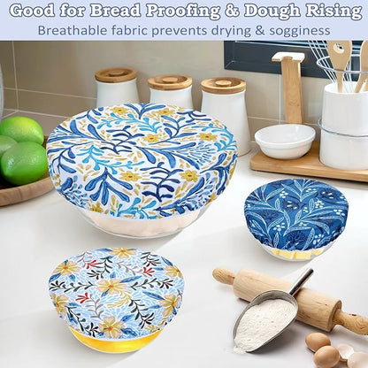 5-Size Reusable Beeswax Bowl Covers for Bread Proofing, Cotton Cloth Flexible Beeswax Wraps for Food Storage(Blue Floral)