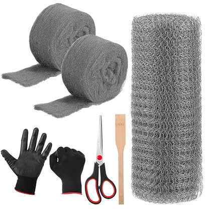 Steel Wool for Mice Control Mesh Rodent Control Kit 1 Pack Rustproof Mesh Roll and 0000 Steel Wool Mouse Hole Filler with Gloves, Scissors for House Garden Home Garage(5in X 9.8ft)