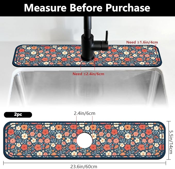 2 Pcs Kitchen Sink Splash Guard Faucet Mat Various Drinks Pattern Faucet Mat for Sinks Coffee Graffiti Absorbing Drying Mats for Kitchen Bathroom, 23.6x5.5inch