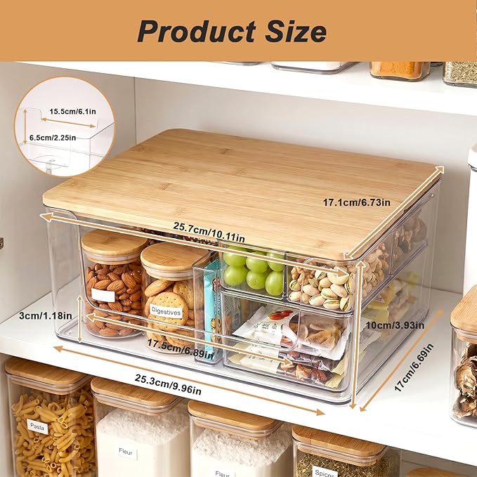 2 Pack Trash Bag Holder, Stackable Garbage Bag Dispenser with Bamboo Lid – Clear Plastic Organizer, Space-Saving Under Sink Storage for Kitchen, Laundry Room, Pantry & Cabinet