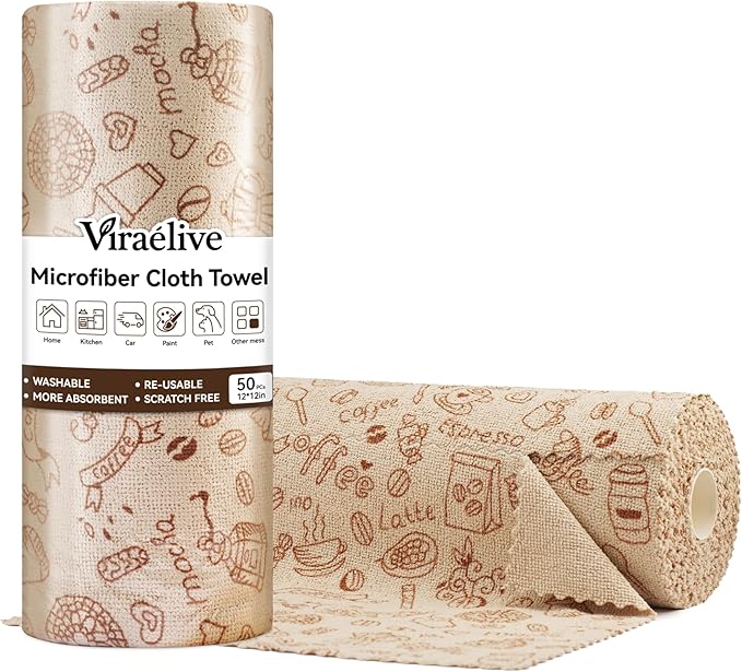 Microfiber Cleaning Cloth Roll, 50 Tear-Away Sheets, Reusable & Washable, Lint-Free, Non-Scratch Highly Absorbent,Cleaning Cloths for Kitchen, Home, Car & Windows, Food Pattern, 12 x 12 in
