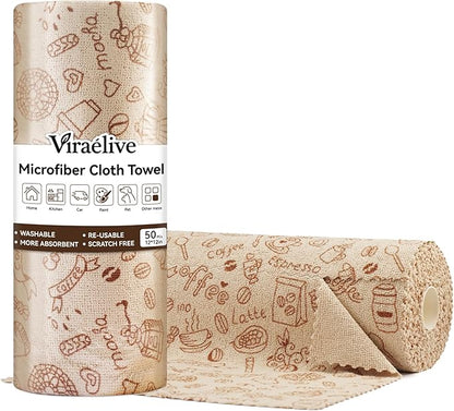 Microfiber Cleaning Cloth Roll, 50 Tear-Away Sheets, Reusable & Washable, Lint-Free, Non-Scratch Highly Absorbent,Cleaning Cloths for Kitchen, Home, Car & Windows, Food Pattern, 12 x 12 in