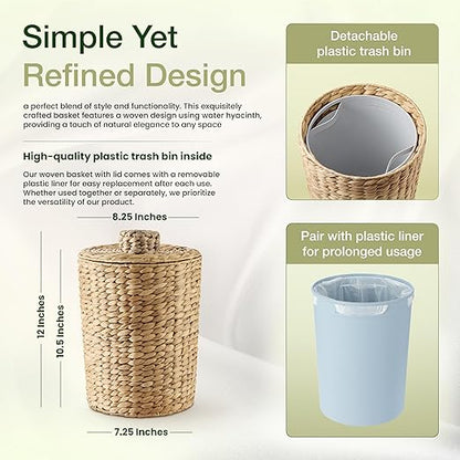 Tidita 2 Gallons Wicker Waste Basket - Water Hyacinth Bathroom Garbage Can with a Lid - Bathroom Trash Can Boho Style - Wicker Trash Can with Lid for Household, Kitchen - Removable Liner, Iron Frame