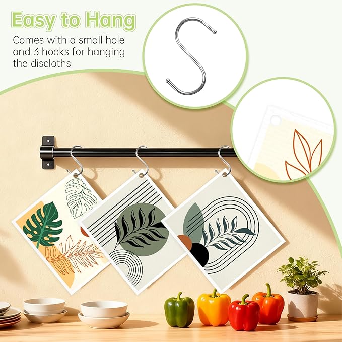 Swedish Dishcloths for Kitchen, 5 Pack Boho Abstract Leaves Reusable Paper Towels with 3 Hooks, Washable Dish Cloth Set, Absorbent Cleaning Cloth for Washing Housewarming Gifts for Friend