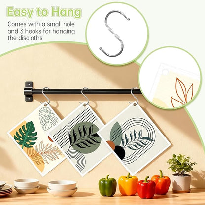 Swedish Dishcloths for Kitchen, 5 Pack Boho Abstract Leaves Reusable Paper Towels with 3 Hooks, Washable Dish Cloth Set, Absorbent Cleaning Cloth for Washing Housewarming Gifts for Friend