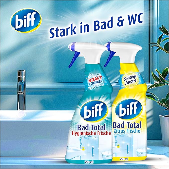 Biff Bad Total Hygienic Fresh Bathroom Cleaner (750 ml), Bathroom Cleaner Against Limescale & Dirt, Spray Bottle, Limescale Remover for All Surfaces and Hygienic Cleanliness Throughout the Bathroom
