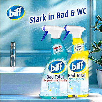 Biff Bad Total Hygienic Fresh Bathroom Cleaner (750 ml), Bathroom Cleaner Against Limescale & Dirt, Spray Bottle, Limescale Remover for All Surfaces and Hygienic Cleanliness Throughout the Bathroom