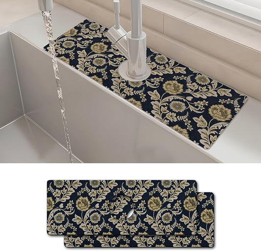 2PCS 15" X 5.5" Kitchen Sink Splash Guard Faucet Mat Floral Flower Super Absorbent Fast Drying Faucet Guard & Draining Mat Sink Splash Guard Behind Faucet for Kitchen, Bathroom