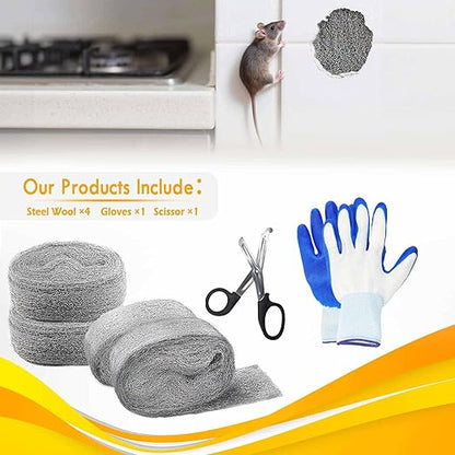 AJART Steels Wools Mice Control - #0000 Steel Wool Metal Fabric Mesh - As Gaps Fillers to Keep Mice Away - Protection for Siding, Pipelines, Garden Vents and Garages - 4Pcs
