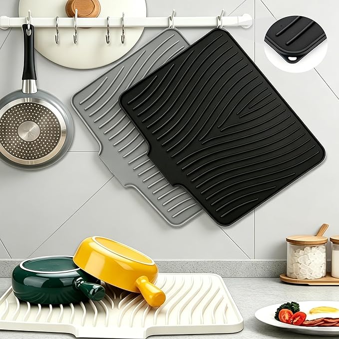 Silicone Dish Drying Mat,Dish Drying Pad,Kitchen Accessories,with Built-In and Non-Slip Drain,Easy Clean, Fit for Kitchen, Bar, RV, Refrigerator and Drawer Liner, 19.7*17 in Off White 1PCS by EBIGIC