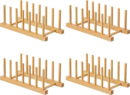 HBlife 4pcs Bamboo Dish Plate Bowl Cup Book Pot Lid Cutting Board Drying Rack Stand Drainer Storage Holder Organizer Kitchen Cabinet（Keep Dry）