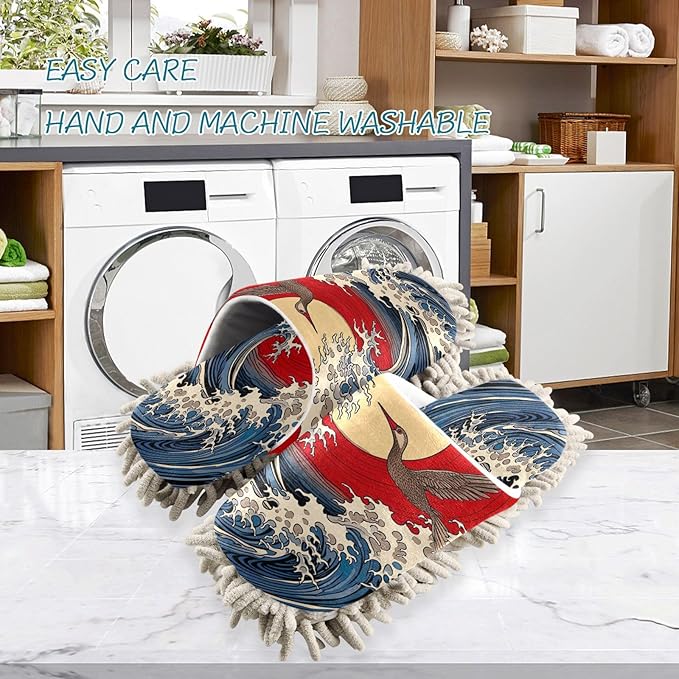 Microfiber Cleaning Slippers Japanese Sea Wave Washable Mop Shoes Slipper for Men/Women House Floor Dust Cleaner, Size L