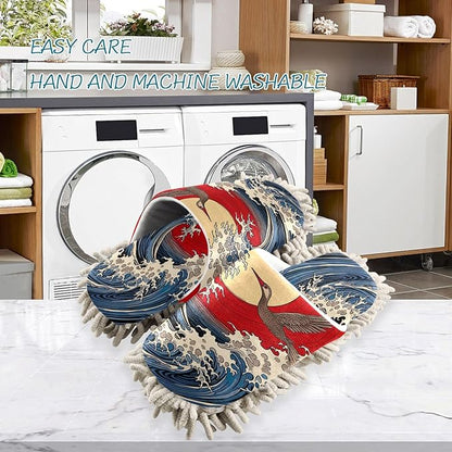 Microfiber Cleaning Slippers Japanese Sea Wave Washable Mop Shoes Slipper for Men/Women House Floor Dust Cleaner, Size L