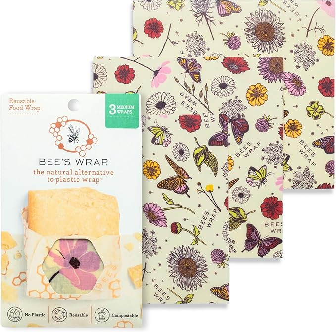 Bee's Wrap Vegan Beeswax Wraps for Food - 3 Pack of Medium Beeswax Wraps - Plastic Free Made in USA Reusable Natural Food Wrap - Meadow Magic Print